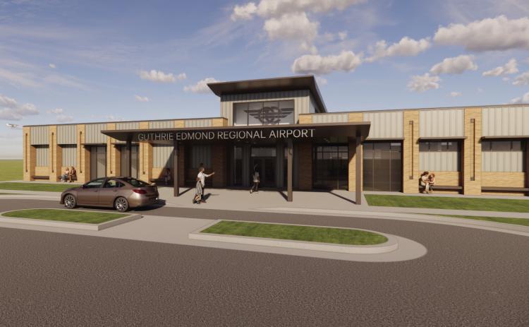 A rendering shows the planned new terminal at Guthrie-Edmond Regional Airport. The approximately $7 million project will add a 5,500-square-foot terminal featuring a restaurant and airside patio, pilot lounge, conference space and offices, along with expanded aircraft parking.