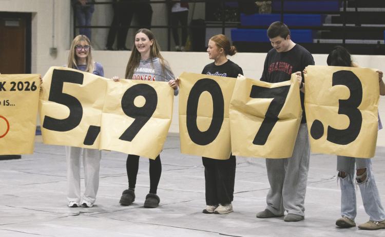 Guthrie High School students present a $5,907.31 donation to Camp Twin Cedars following this year’s Rock Week fundraiser. Photo by Brent Fuchs