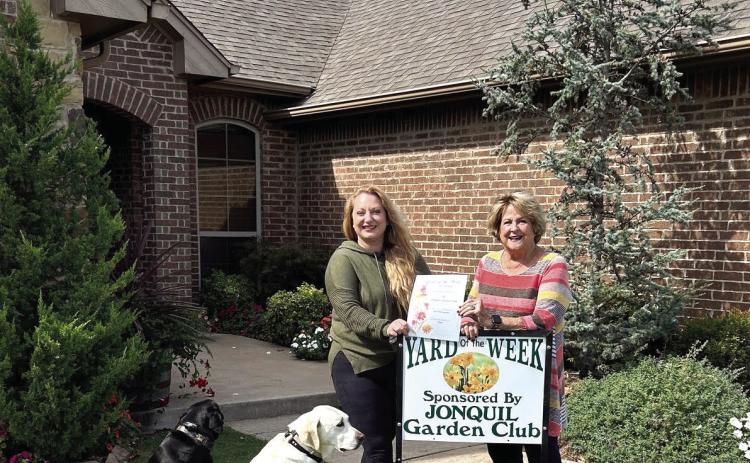 Guthrie Jonquil Garden Club is pleased to announce Yard of the Week honoring Rick & Kelli Pritchett, 12489 Blue Meadow. Pictured L to R: Kelli & Dana Bertrand (garden club member). Submitted photo