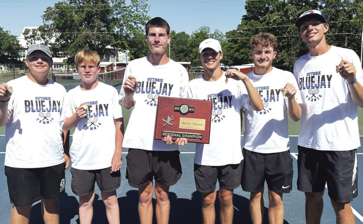 Regional champs! Gavin Cook placed 5th at 2 singles, Jaxson and Mason Mayer won the 2 doubles draw, Lane Goode and Carson Olmsted won the 1 doubles draw and Isaiah Dearman placed 4th at 1 singles. We will be playing at the State Tournament in Oklahoma City this past weekend.