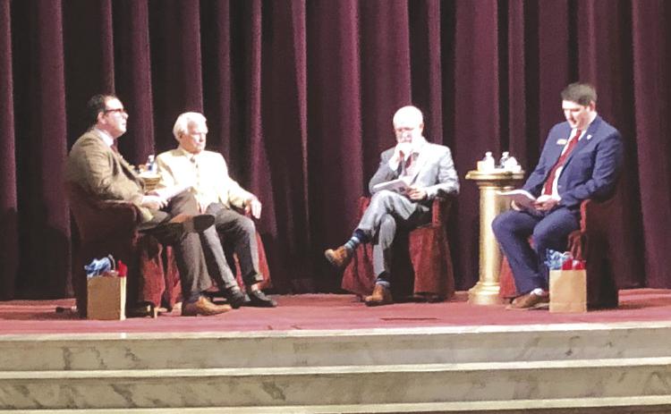 The Masonic Temple Thursday was the site of a fireside chat with former Oklahoma Governors George Nigh, and Gov. Brad Henry. Pictured left to right is; Michael Williams, moderator, and Curator at the Oklahoma Territorial Museum, Gov. Nigh; Gov. Henry, and Trait Thompson, moderator, and Executive Director of the Oklahoma Historical Society.