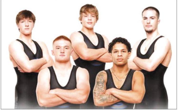 Top row: Clayton Carey, Roston Uselton, Luke Lyons. Bottom row: Bryson Hall and Kaedin Herendeen. Courtesy of Guthrie Wrestling (Facebook).