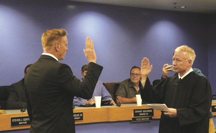 New Guthrie Mayor Adam Ropp is sworn in.