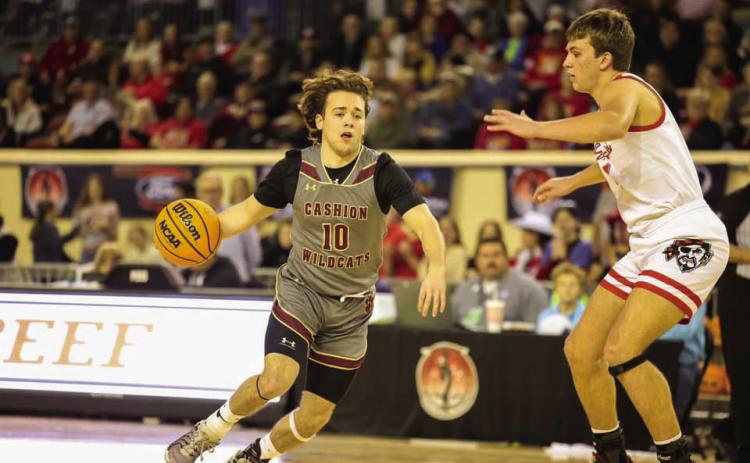 Cashion's Kamden Miller drives to the hoop against Dale, Thursday, March 6. Photo courtesy of Cashion Wildcats TV (Facebook).