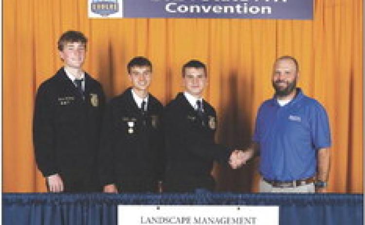 Zachary Allen (second from left) of the Guthrie FFA Chapter captured first-place honors in the 2024 Oklahoma FFA Landscape Management State Proficiency Award area. Scott Bailey (right), of Georgia Pacific congratulates Allen, as well as AJ Bryant (second from right) of the Byng FFA Chapter and Christopher Dunaway of the Jenks FFA Chapter. The award is sponsored on the state level by Blue Mountain Equipment &amp; STIHL. Georgia Pacific provides a $1,000 state winner scholarship.
