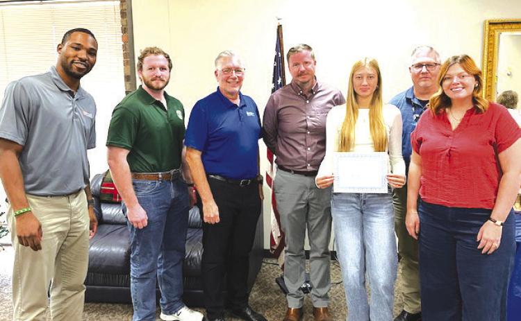 Jay-Len Roberts, Bizzell Group, Marlon Danner with Stephanie Bice’s office, Scott Coppenbarger and Adam Deem with AirMedCare Service, Rotary Student, Lily Rechlin, Rotarian Terry Moore and Rotary President, Coy McPeek.