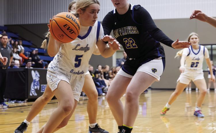 Coyle’s Lady Jackets make a run to the basket during the game against Mulhall-Orlando on Dec. 12. Photo by Brent Fuchs