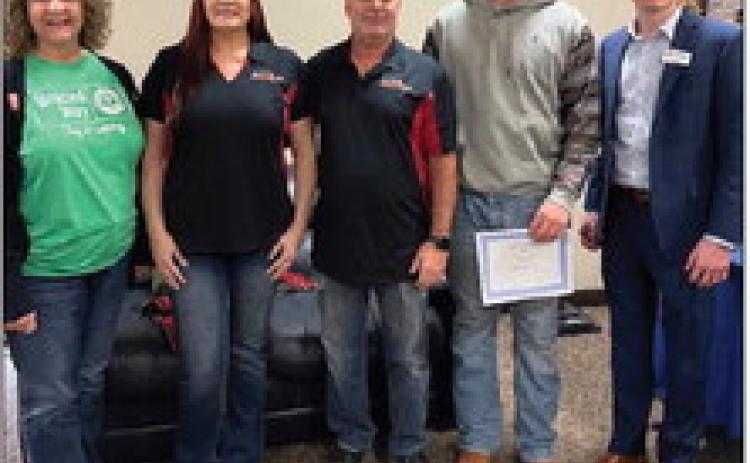Pictured with Kellen is Rotarian, Dana Hornbeck, Jessica and Tim Stegner of Tim’s Body Worx, and Garrett Mason, Field Representative for Representative Stephanie Bice. Photo submitted