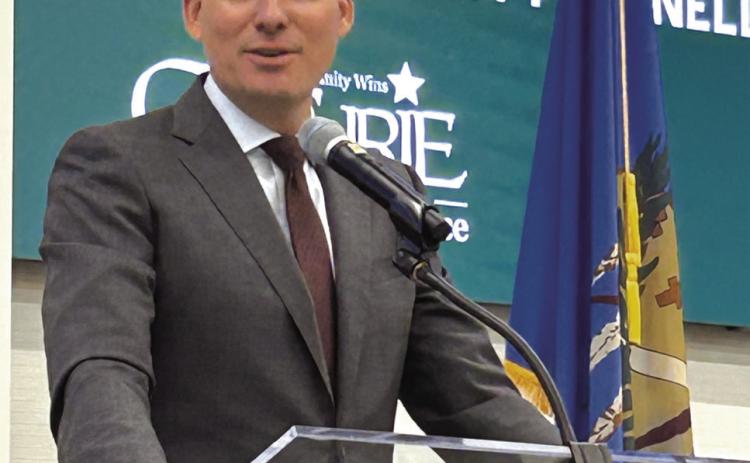 Lt. Gov. Matt Pinnell addressed business leaders at Meridian Technology Center. Photo by Shelley Malicote Stutchman.