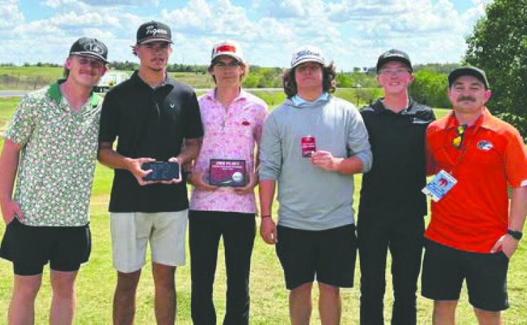 Members of the Crescent boys golf team pose for a photo in tournament play, highlighted by Luke Watkins’ individual win at the Pawnee Invitational and multiple career-best rounds from the Bluejays. Photo submitted