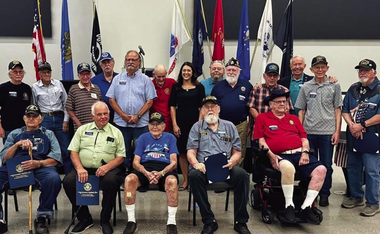 U. S. Rep. Stephanie Bice pictured with Vietnam Veterans who were honored during a ceremony in Guthrie on August 13. Photo Mayor Adam Ropp.