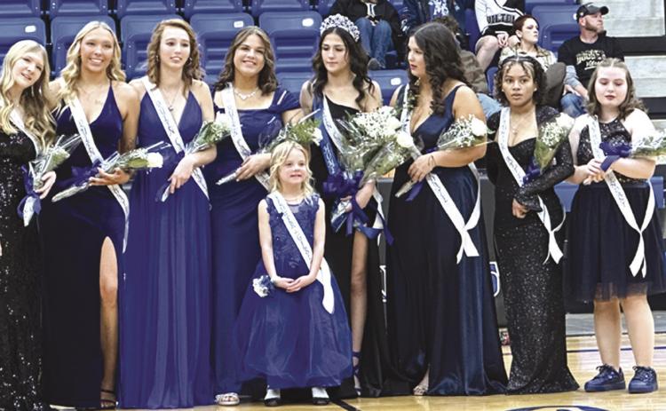 Royalty: The 2024 Basketball Homecoming Court includes freshman attendant Ashlee DeMoss, senior attendant Ashlee Kelley, senior attendant Lilly Ritter, 2024 Homecoming Queen Gracie Balsiger, senior attendant Lindsay Ray, junior attendant Arianna Vasquez and sophomore Attendant Kasey Reece. Photo by Wray Larman.