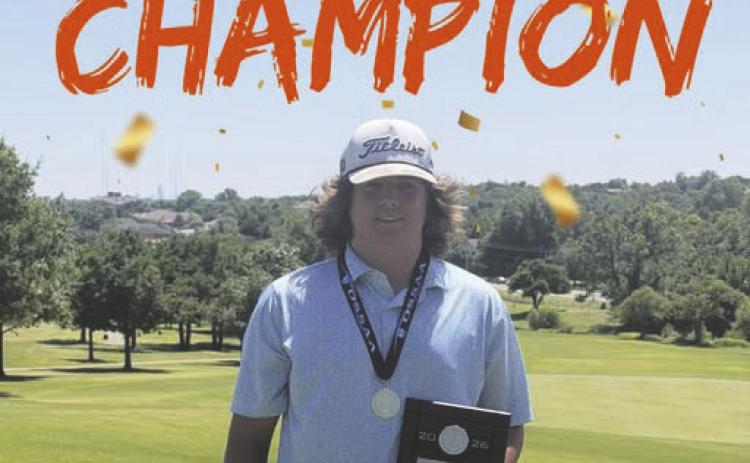 Crescent junior Luke Watkins celebrates Tuesday after winning the Class 2A individual state golf championship with a 219 overall score. Photo courtesy of Crescent Golf.