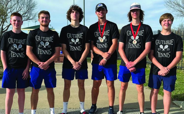 L-R: Jaxson Mayer and Carson Olmsted placed 4th at 1 doubles, Jack Arballo played 1 singles, Isaiah Dearman and Broderric Hansen placed 5th at 2 doubles and Ryan Mostrom played 2 singles during the Duncan West Tournament. Submitted photo