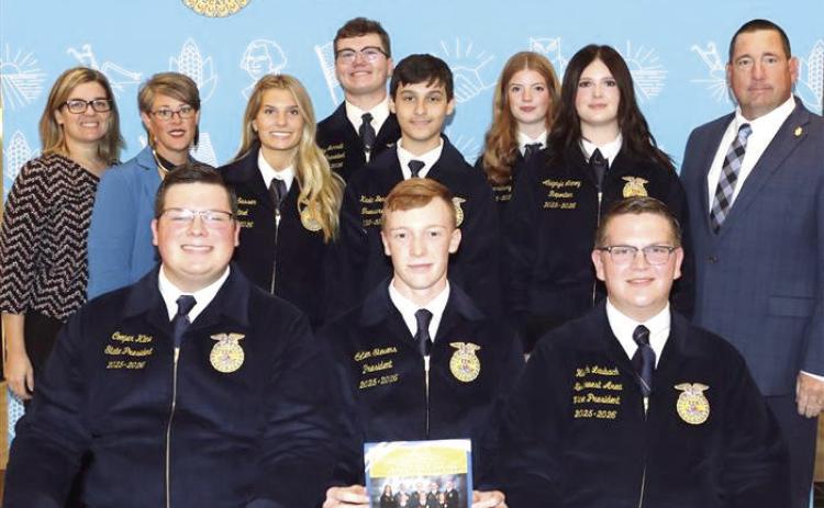 Front Row, L-R: Cooper Kline of North Rock Creek, state president. Sitting in the front row at far right is Heath Laubach of Mooreland, northwest area vice president.