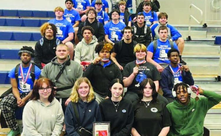 Guthrie HS powerlifting team at the NW Large School Regional, March 6. Photo courtesy of Guthrie Bluejay Football Booster Club (Facebook).