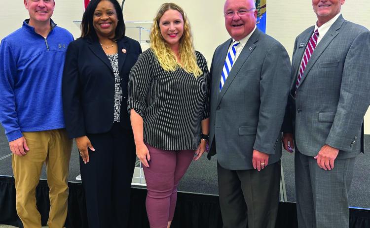ChrisEvans, Guthrie Chamber Board Member, Dr. Ruth Jackson, President of Langston University, Brittany Timmons, CEO of Guthrie Chamber of Commerce, Dr. Mike Simpson, Superintendent of Guthrie Public Schools, and Dr. Doug Major, Superintendent of Meridian Technology Center at the annual State of the Schools Luncheon at Meridian Technology Center South Campus. This annual luncheon is sponsored by the Guthrie Chamber of Commerce.