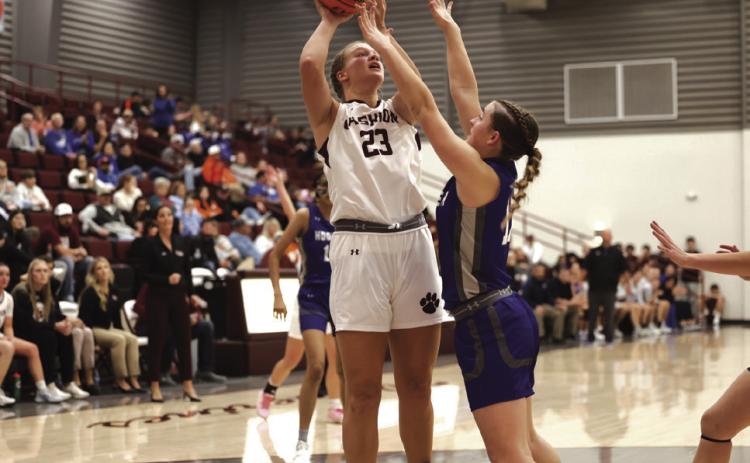 Cashion's Megan Shafer puts up a shot versus Hooker, Dec. 15, 2024. Courtesy of Cashion Wildcats Girls Basketball (Facebook).