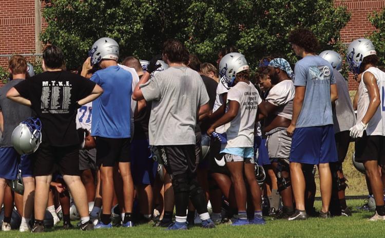 The Guthrie High School Bluejays got to hold their first practice of the 2024 season on August 12. The team will go four days in shorts and helmets before putting all the gear on this Friday. The team travels to Elgin next weekend for their only scrimmage and start the season on August 29 with Tuttle at Jelsma Stadium. Photos by Mike Monahan. GHS FB end of first practice of season.